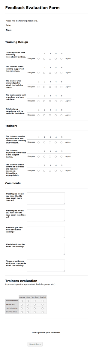 Training Feedback Evaluation Form Template