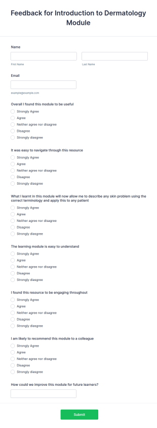 Feedback For Introduction To Dermatology Module Form Template
