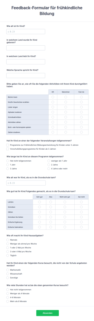 Feedback Formular Für Frühkindliche Bildung