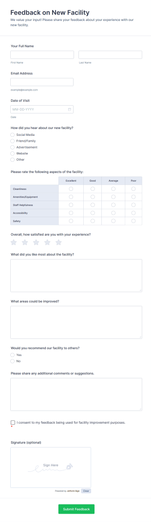 Feedback On New Facility Form Template