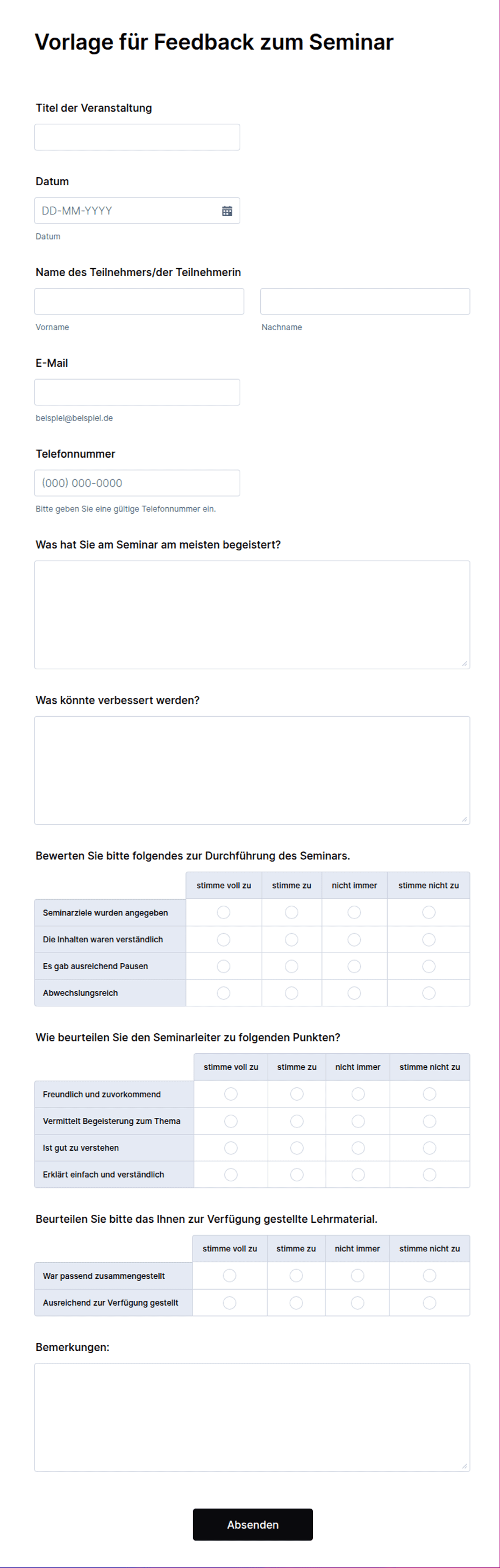 Vorlage für Feedback zum Seminar Formularvorlage | Jotform