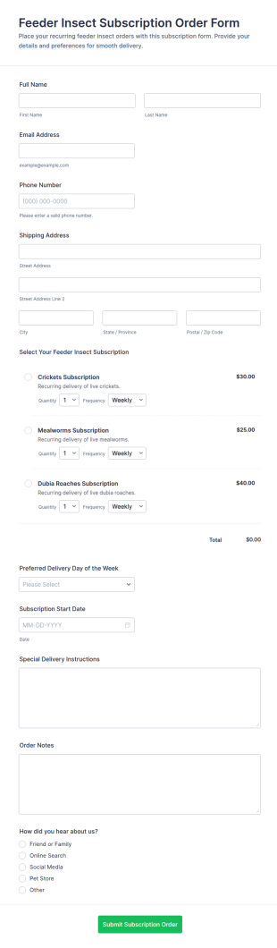 Feeder Insect Subscription Order Form Template