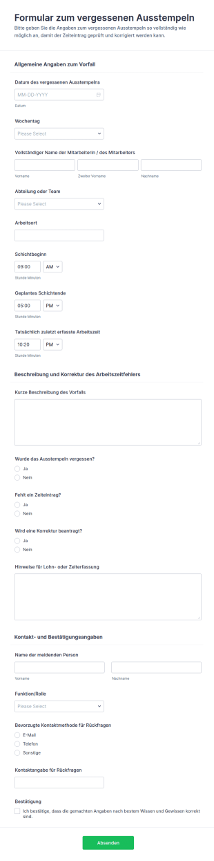 Fehlende Arbeitszeitmeldung Formular