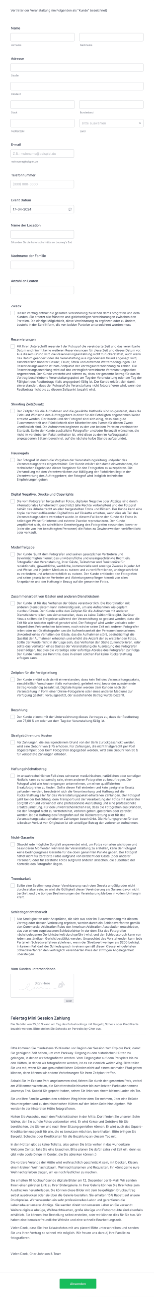 Feiertag Mini Session Vertrag Form Template
