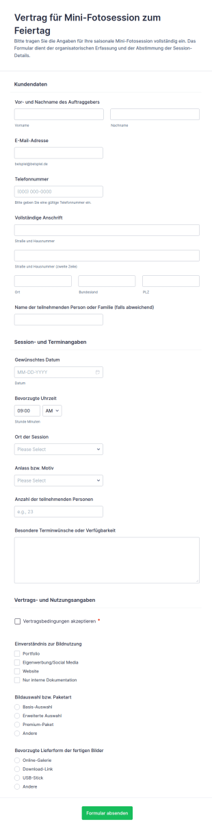 Feiertags Mini Session Vertrag Formular