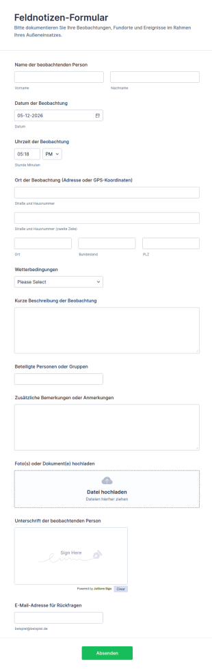 Feldnotizen Formular