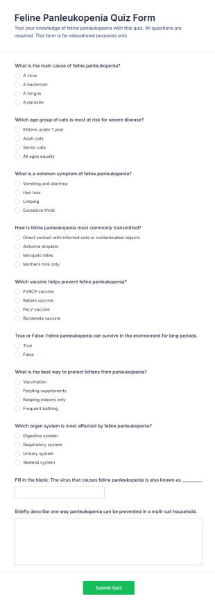 Feline Panleukopenia Quiz Form Template
