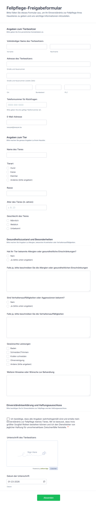 Fellpflege Freigabeformular