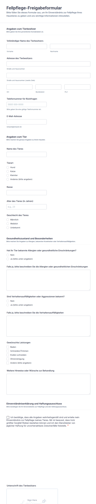 Fellpflege Freigabeformular