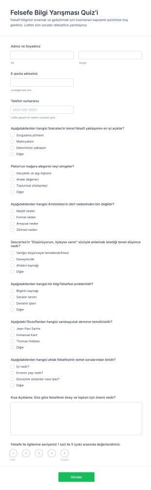 Felsefe Bilgi Yarışması Quiz'i Form Şablonu