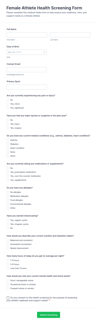 Female Athlete Health Screening Form Template