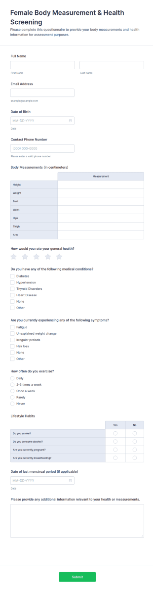 Female Body Measurement And Health Screening Questionnaire Form Template
