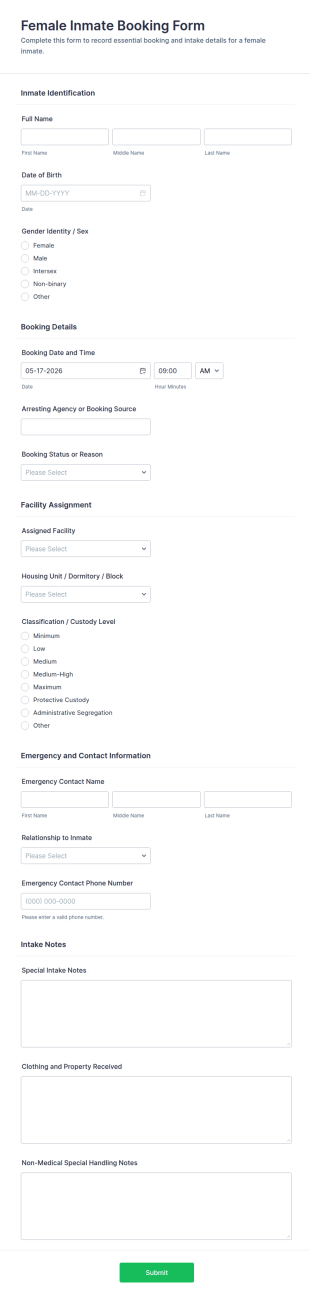 Female Inmate Booking Form Template