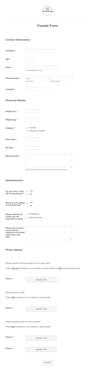 Female Model Application Form Template