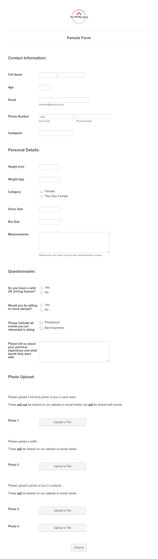 Female Model Application Form Template