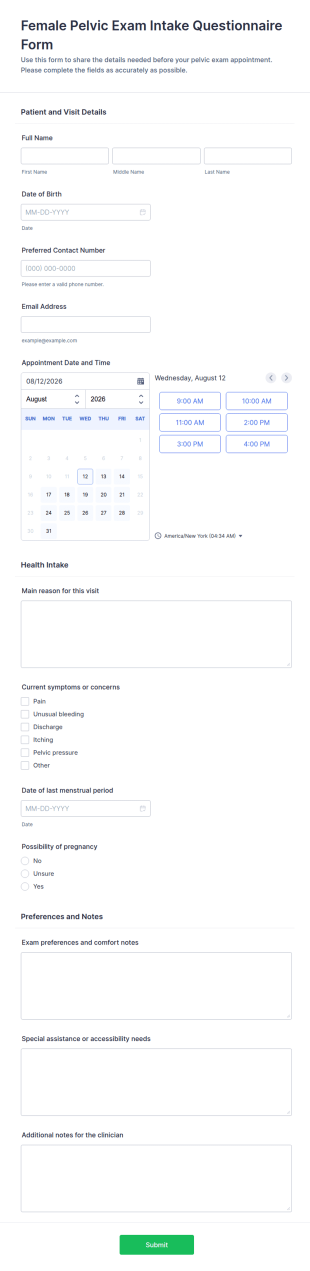 Female Pelvic Exam Intake Questionnaire Form Template