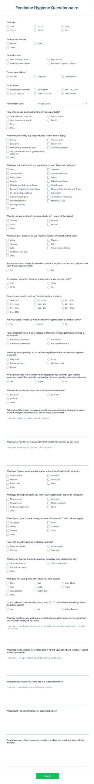 Feminine Hygiene Questionnaire Form Template
