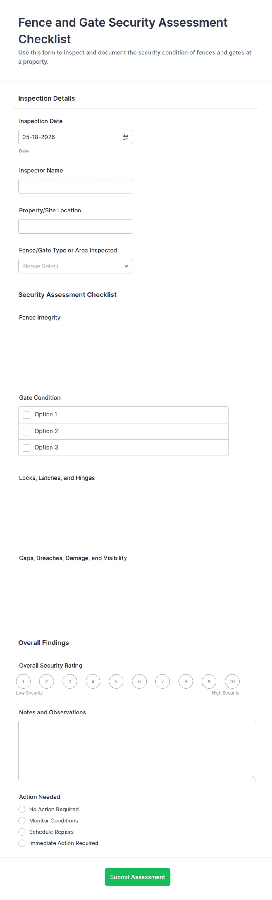 Fence and Gate Security Assessment Checklist Form Template | Jotform