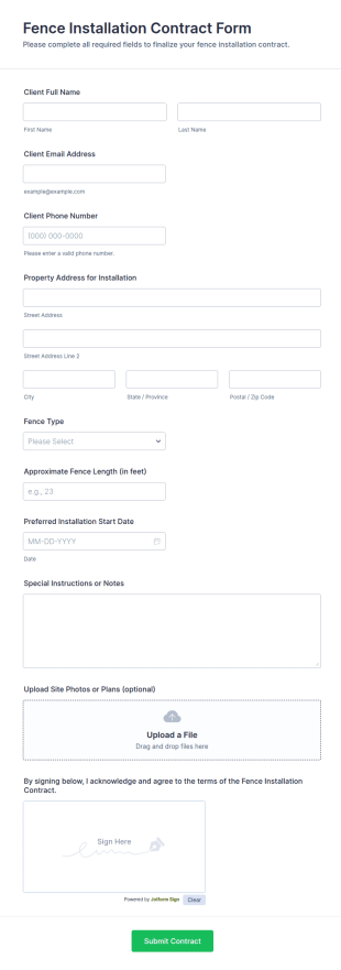 Fence Installation Contract Form Template