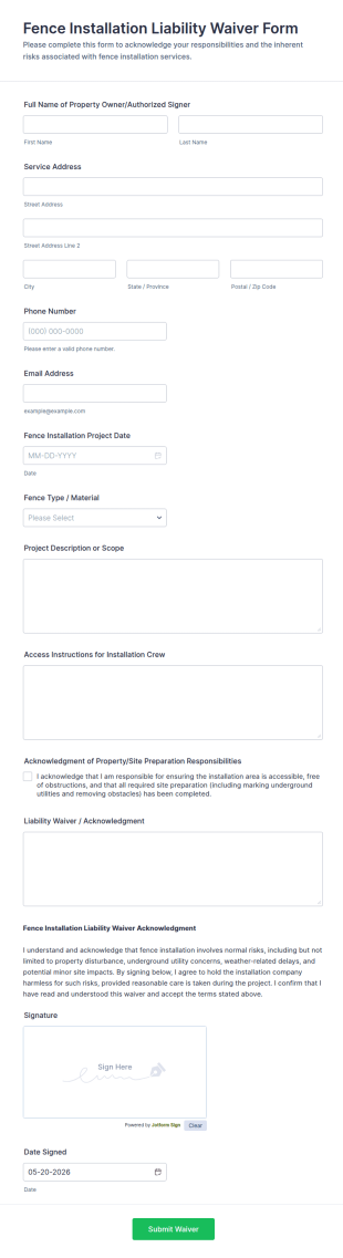 Fence Installation Liability Waiver Form Template