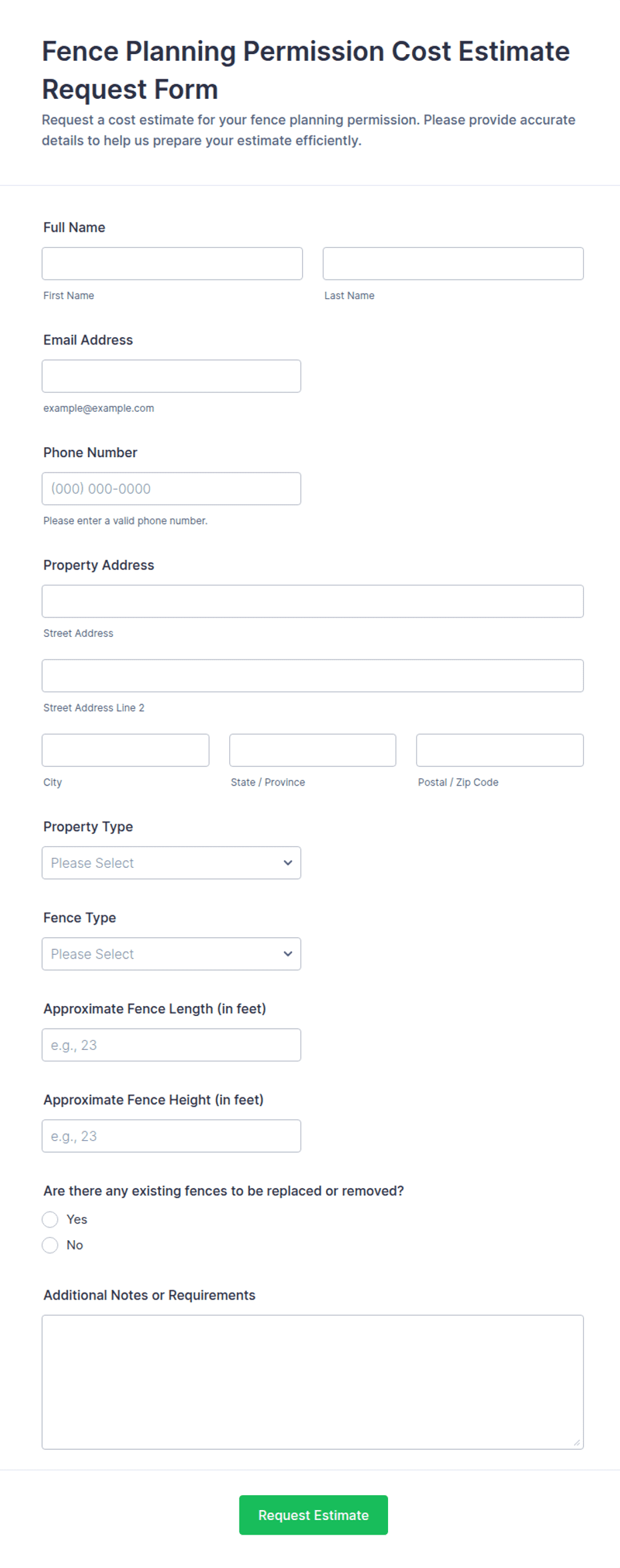 Fence Planning Permission Cost Estimate Request Form Template | Jotform