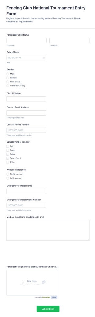 Fencing Club National Tournament Entry Form Template
