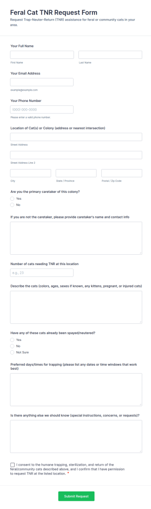 Feral Cat TNR Request Form Template
