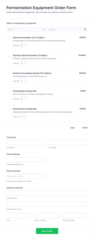 Fermentation Equipment Order Form Template