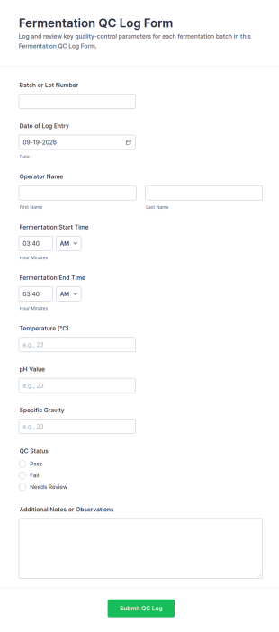 Fermentation QC Log Form Template