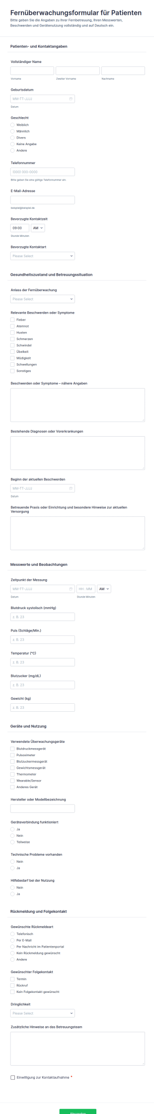 Fernüberwachung Für Patienten Formular