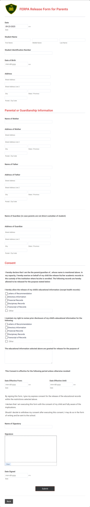 FERPA Release Form For Parents