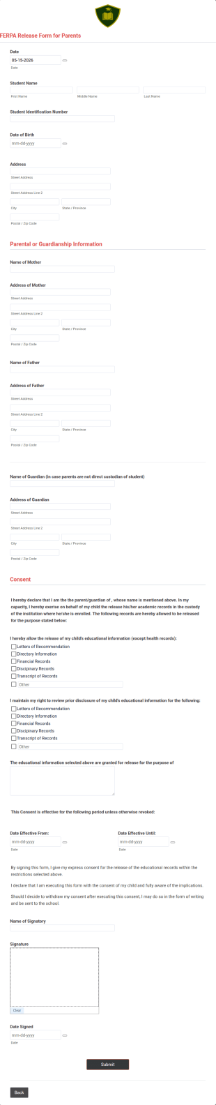 FERPA Release Form For Parents