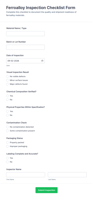 Ferroalloy Inspection Checklist Form Template