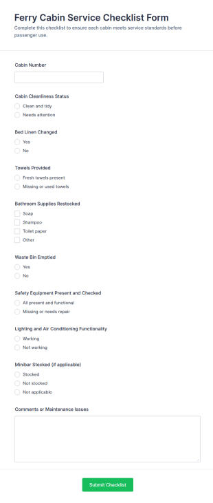Ferry Cabin Service Checklist Form Template