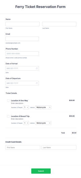 Ferry Ticket Reservation Form Template