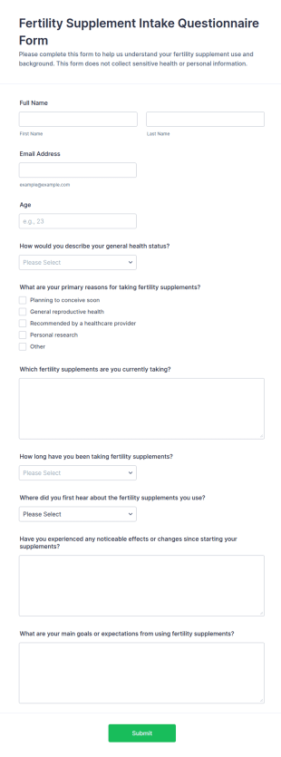 Fertility Supplement Intake Questionnaire Form Template
