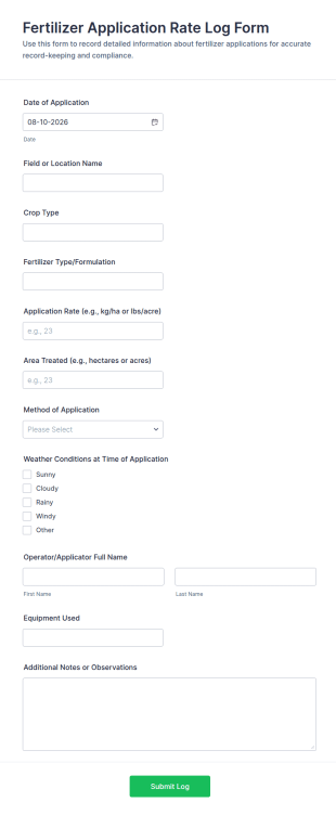 Fertilizer Application Rate Log Form Template