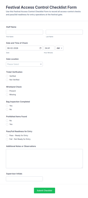 Festival Access Control Checklist Form Template