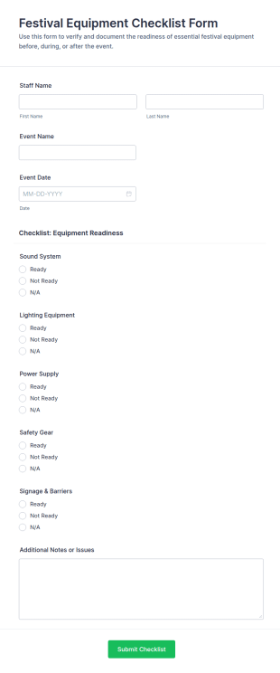 Festival Equipment Checklist Form Template