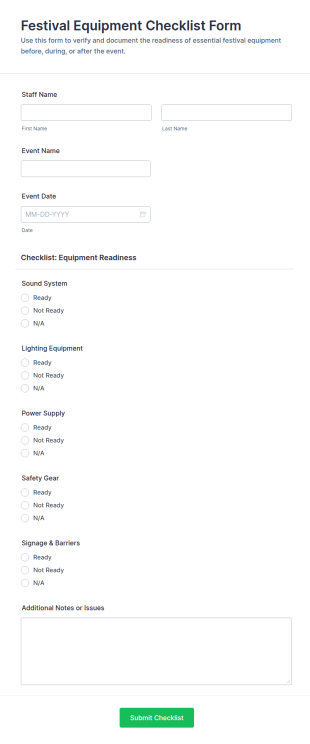 Festival Equipment Checklist Form Template