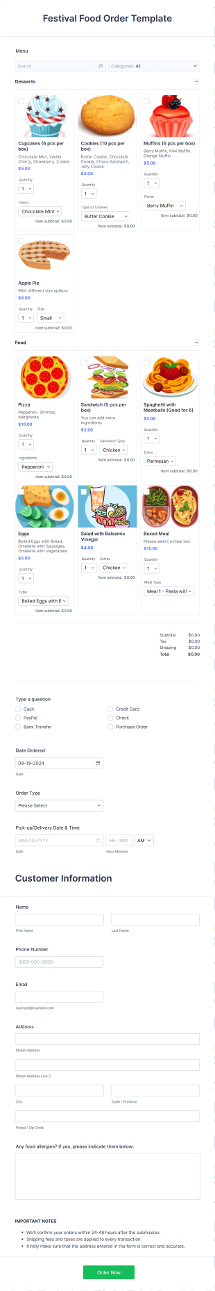 Festival Food Order Template Form Template