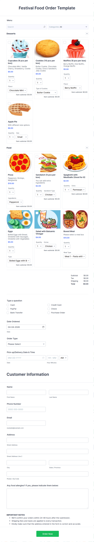 Festival Food Order Template
