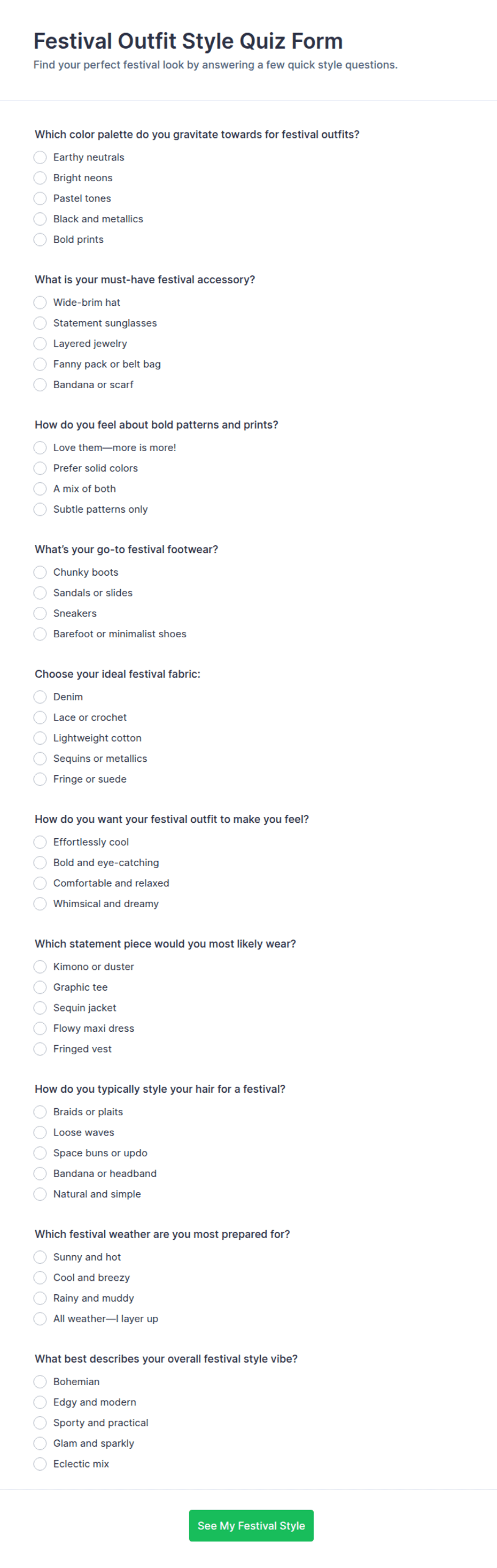Festival Outfit Style Quiz Form Template | Jotform