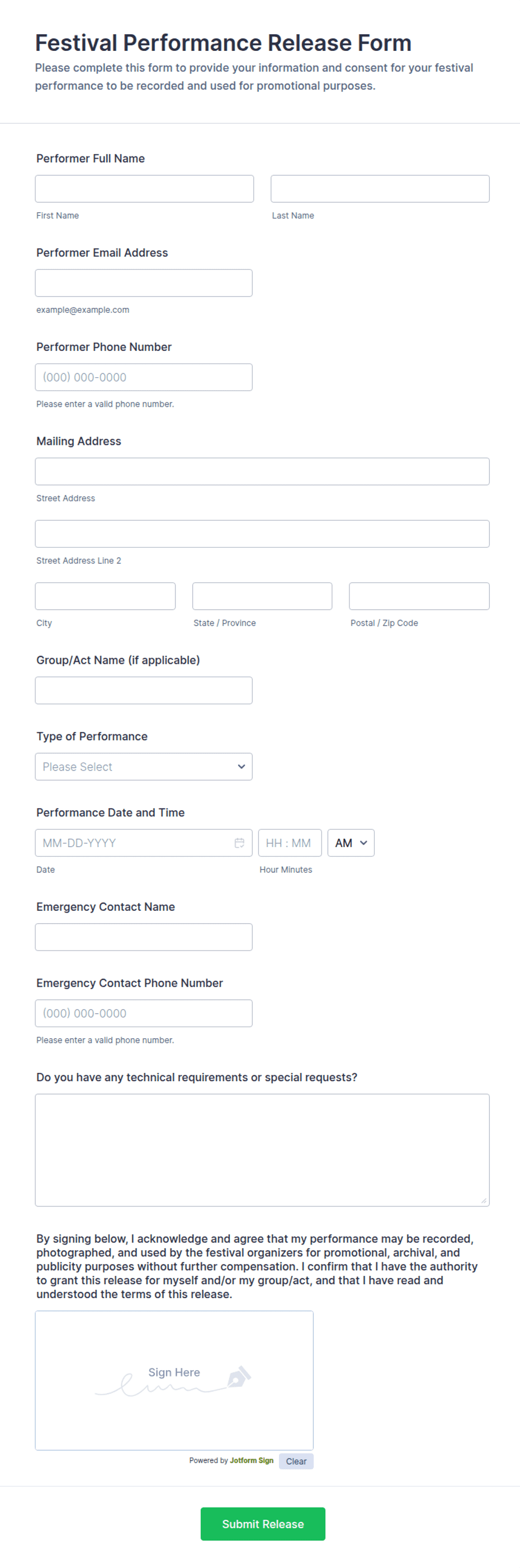 Festival Performance Release Form Template | Jotform
