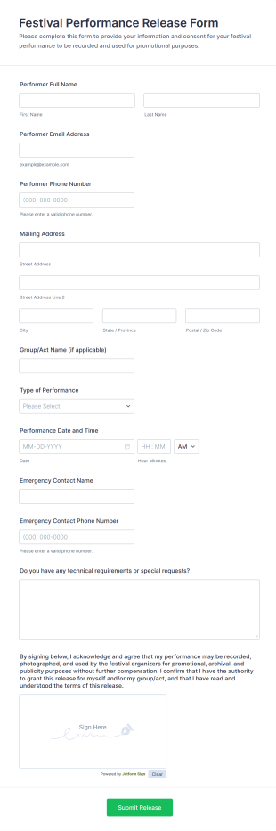Festival Performance Release Form Template