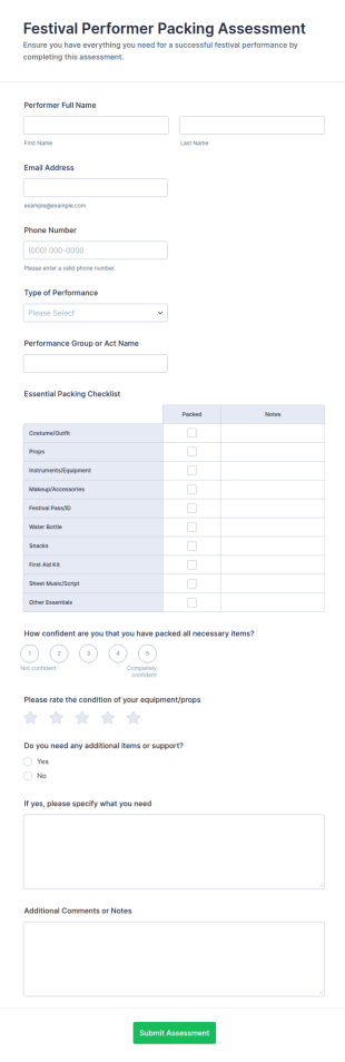 Festival Performer Packing Assessment Form Template