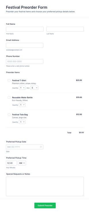 Festival Preorder Form Template