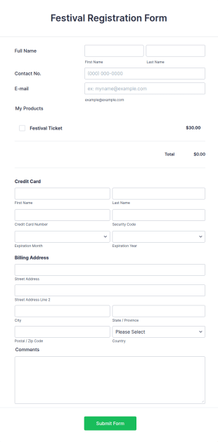 Festival Registration Form With Eway