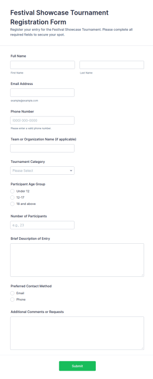 Festival Showcase Tournament Registration Form Template