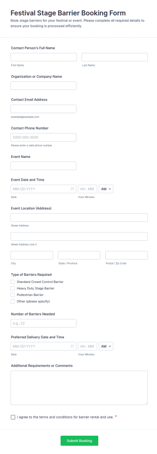 Festival Stage Barrier Booking Form Template